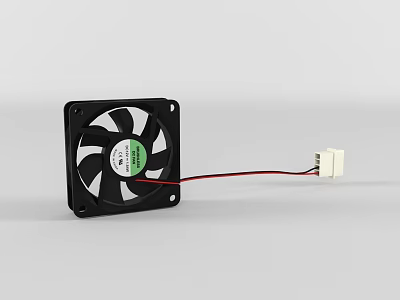 Computer Cooling Fan with Black Frame White Blades Green Label Red Cable and White Connector 3d model