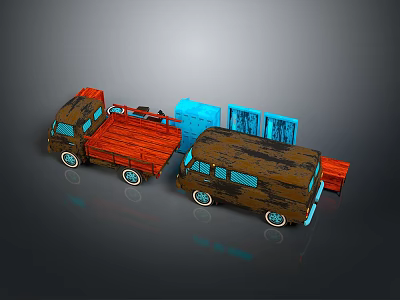 Vintage Toy Truck And Bus With Red Cargo Bed Brown Body And Blue Windows 3d model