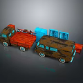 Vintage Toy Truck And Bus With Red Cargo Bed Brown Body And Blue Windows