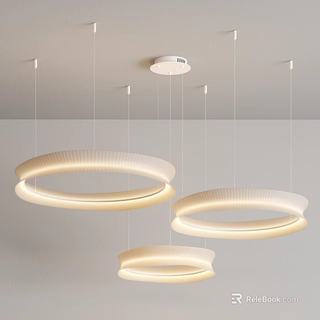 Modern Ring Shaped Pendant Lights Illuminated Hanging From Ceiling In Contemporary Interior 3d model