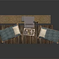 Rustic Wooden Furniture Set Two Beds Blue Mattresses Small Chest Old Suitcase Umbrella On Platform