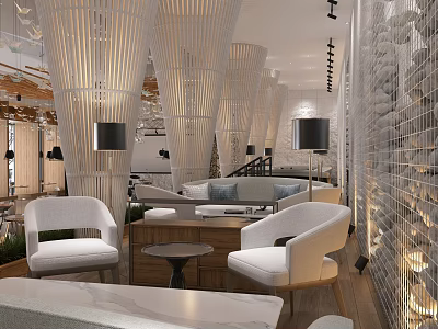 Modern Café Interior With Rattan Columns White Armchairs And Wooden Coffee Tables 3d model