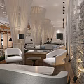 Modern Café Interior With Rattan Columns White Armchairs And Wooden Coffee Tables
