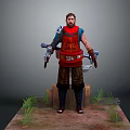 Fantasy Warrior Character With Red Tunic Brown Pants And Double Axes On Wooden Platform Grass