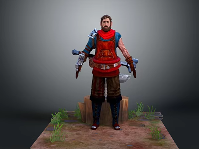 Fantasy Warrior Character With Red Tunic Brown Pants And Double Axes On Wooden Platform Grass 3d model
