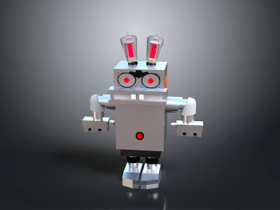Silver Mechanical Robot Game Movie Character With Red Eyes And Light Bulb Ears 3d model
