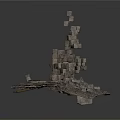3D Render Of Broken Stone Wall With Collapsing Blocks And Flying Stones