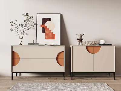 Modern Console Cabinet Sideboard With Round Accents Decorative Vase Artwork And Rug 3d model