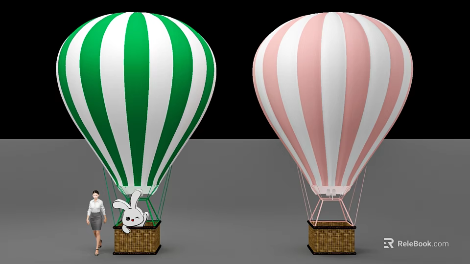 Inflatable Hot Air Balloons With Green White Pink Stripes And Cartoon Rabbit Figure 3d model 