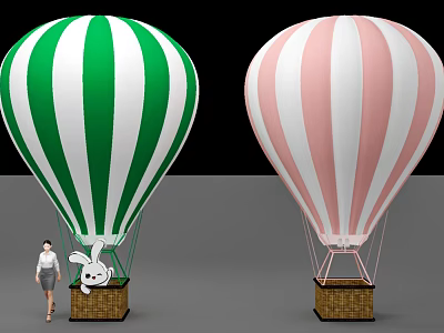Inflatable Hot Air Balloons With Green White Pink Stripes And Cartoon Rabbit Figure 3d model