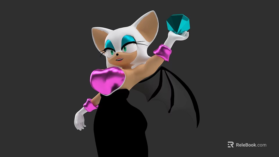 White Cat Character With Bat Wings Holding Blue Gem And Pink Accessories 3d model 