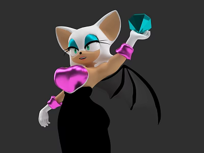 White Cat Character With Bat Wings Holding Blue Gem And Pink Accessories 3d model