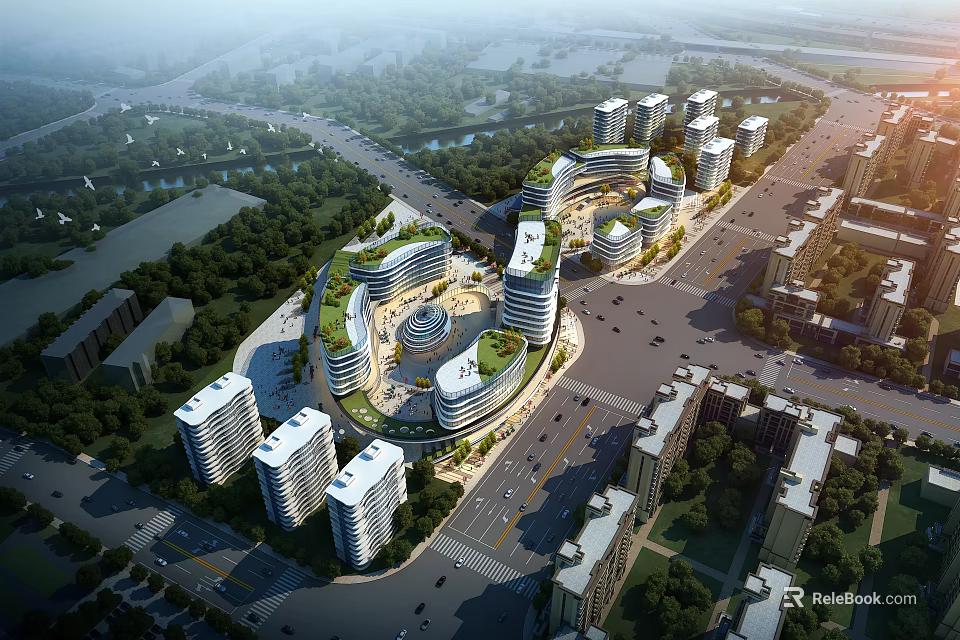 Modern Commercial Complex With Green Roof And Multiple Buildings In Urban Center 3d model 