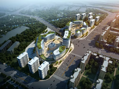 Modern Commercial Complex With Green Roof And Multiple Buildings In Urban Center 3d model