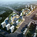 Modern Commercial Complex With Green Roof And Multiple Buildings In Urban Center