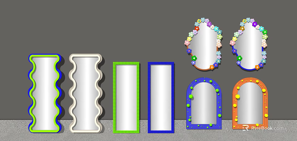 Various Colorful Decorative Mirror Components With Unique Shapes And Beaded Borders 3d model 
