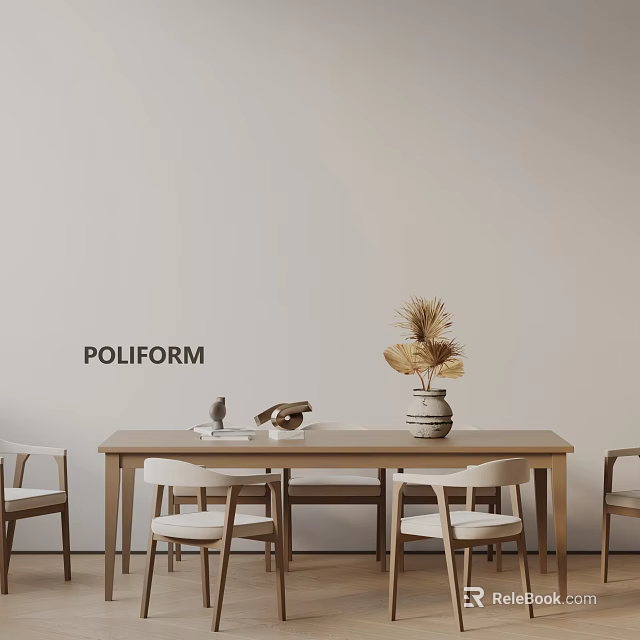 POLIFORM Modern Dining Table Set with White Chairs Wooden Top and Decorative Vase 3d model 
