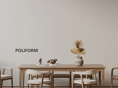 POLIFORM Modern Dining Table Set with White Chairs Wooden Top and Decorative Vase 3d model