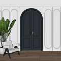 Black Double Doors With Brass Handles In Modern Interior With White Paneled Walls