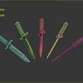 Five Different Knives with Colorful Blades and Unique Handle Textures