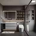 Modern Bathroom Interior With Gray Tones Large Mirror Lighting Vanity Toilet And Glass Shower