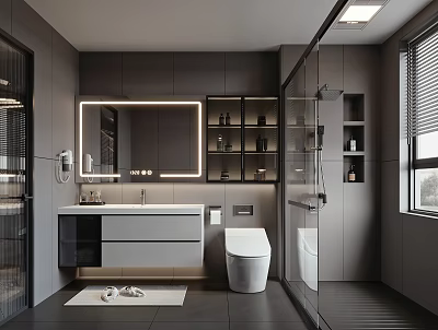 Modern Bathroom Interior With Gray Tones Large Mirror Lighting Vanity Toilet And Glass Shower 3d model