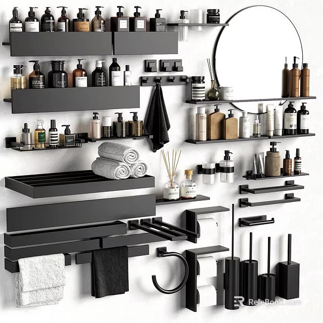 Black Modern Bathroom Accessories with Wall Shelves Towels Storage Bottles and Organizers 3d model 