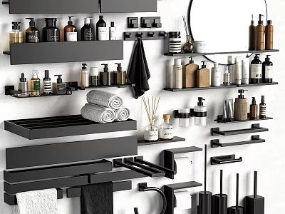 Black Modern Bathroom Accessories with Wall Shelves Towels Storage Bottles and Organizers 3d model