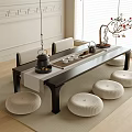 Elegant Chinese Tea Table And Chairs With Tea Set Round White Cushions In Natural Light
