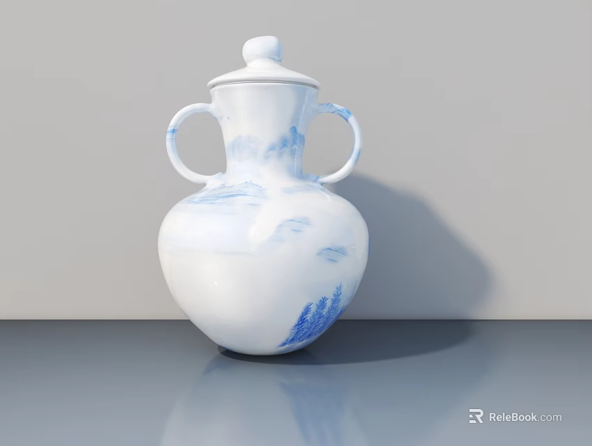 White Ceramic Vase with Blue Landscape Pattern Double Handles and Lid for Floral Decoration 3d model 