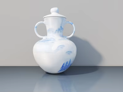 White Ceramic Vase with Blue Landscape Pattern Double Handles and Lid for Floral Decoration 3d model