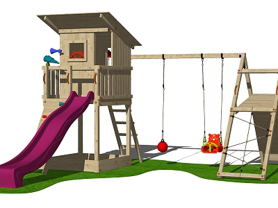 Sturdy Wooden Playground Equipment with Purple Slide Swings and Climbing Net 3d model