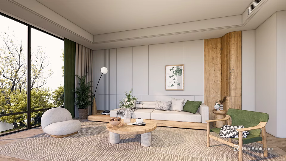 Modern Minimalist Living Room Interior With Wooden Panel Sofa Coffee Table And Green Plants 3d model 