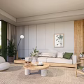 Modern Minimalist Living Room Interior With Wooden Panel Sofa Coffee Table And Green Plants