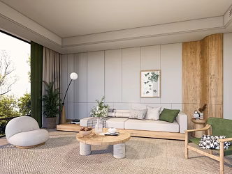 Modern Living Room Cream Living Room Zen Sofa Coffee Table Floor to Floor Glass Window 3d model