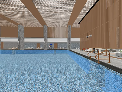 Indoor Swimming Pool Interior With Clear Blue Water And Wooden Lounge Chairs 3d model