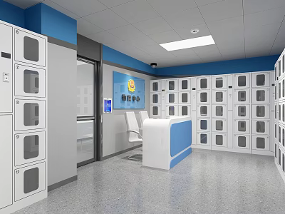 Office Smart Pickup Center Interior Featuring Multiple Lockers White Counter And Blue Walls 3d model