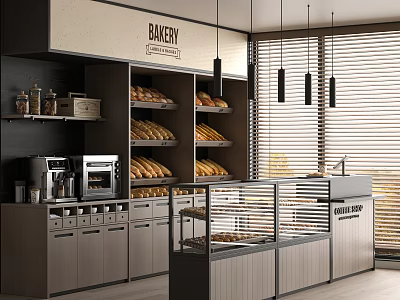 Bakery Dessert Shop Interior With Glass Display Cases Bread Shelves Hanging Lights And Coffee Machine 3d model