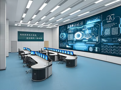 Modern Monitoring Room With Large Digital Screen And Multiple Computer Workstations 3d model