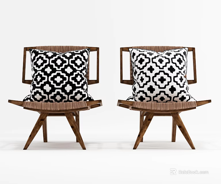 Two Wooden Frame Leisure Chairs With Woven Seats And Black White Patterned Cushions 3d model 