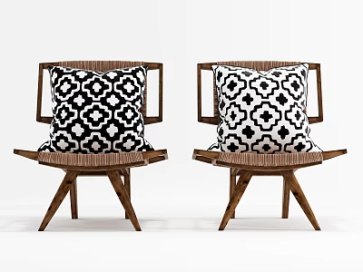Two Wooden Frame Leisure Chairs With Woven Seats And Black White Patterned Cushions 3d model