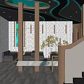 Modern Hotel Public Lounge Area With Black Sofas Decorative Lighting And Green Plants