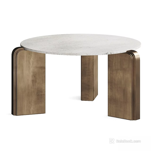 Modern Round Dining Table With Light Stone Top And Brown Metal Legs 3d model