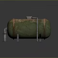 Rusted Green Cylindrical Tank with Metal Stand Top Device and Pipe