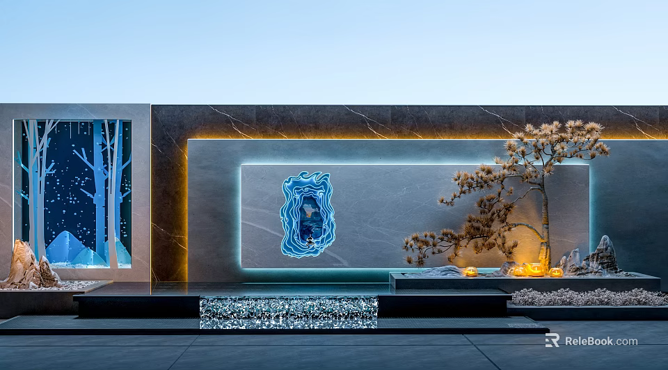 Modern Architectural Exterior Wall With Gray Marble Blue Illuminated Pattern Light Strip And Decorative Tree 3d model 