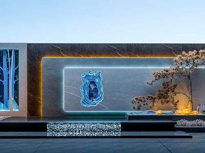 Modern Architectural Exterior Wall With Gray Marble Blue Illuminated Pattern Light Strip And Decorative Tree 3d model