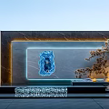 Modern Architectural Exterior Wall With Gray Marble Blue Illuminated Pattern Light Strip And Decorative Tree