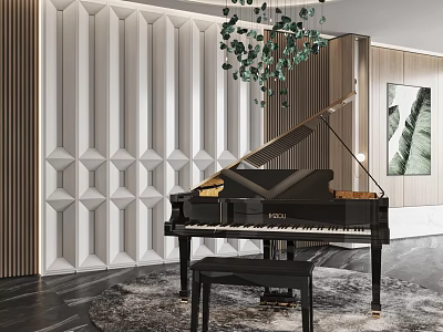Modern Piano Room With Grand Piano Geometric Textured Wall And Hanging Plants 3d model