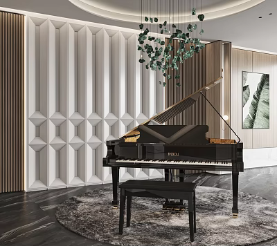 Modern Piano Room With Grand Piano Geometric Textured Wall And Hanging Plants 3d model