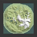 3D Island Terrain Model Featuring Green Mountainous Areas White Regions Black Patches and Blue Base